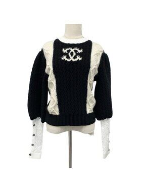 Chanel Top Wool Black White Coco Mark Knit Sweater